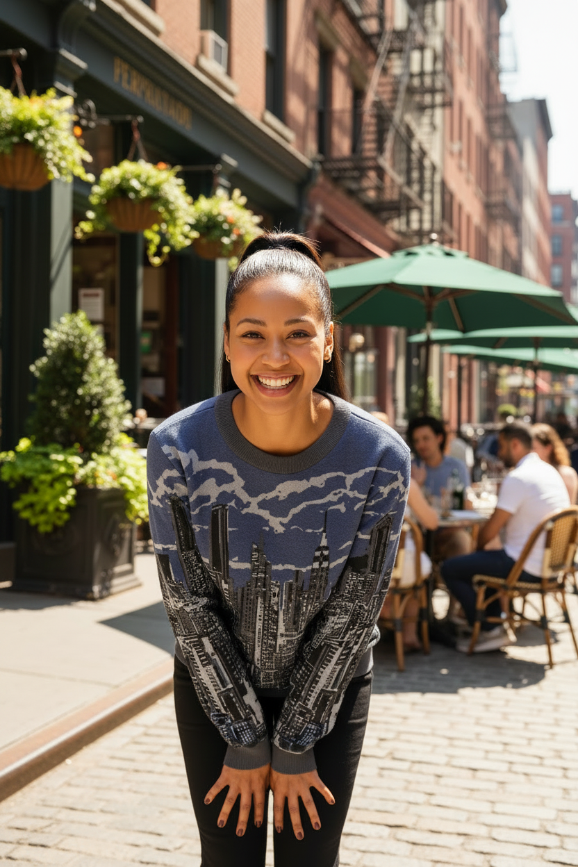 Woman wearing a Loria NYC Art sweater smiling on a city street with outdoor seating and people in the background