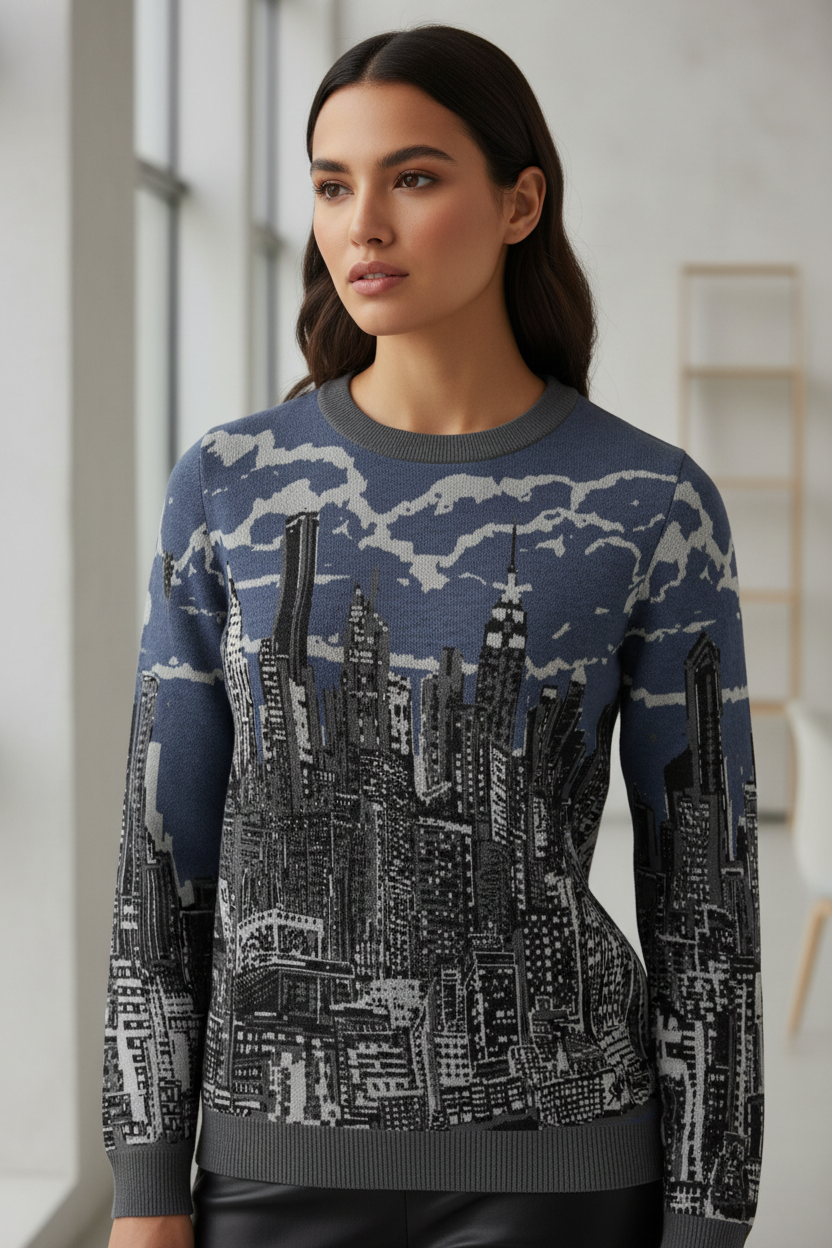 Woman wearing a sweater with a cityscape Loria NYC Art design indoors