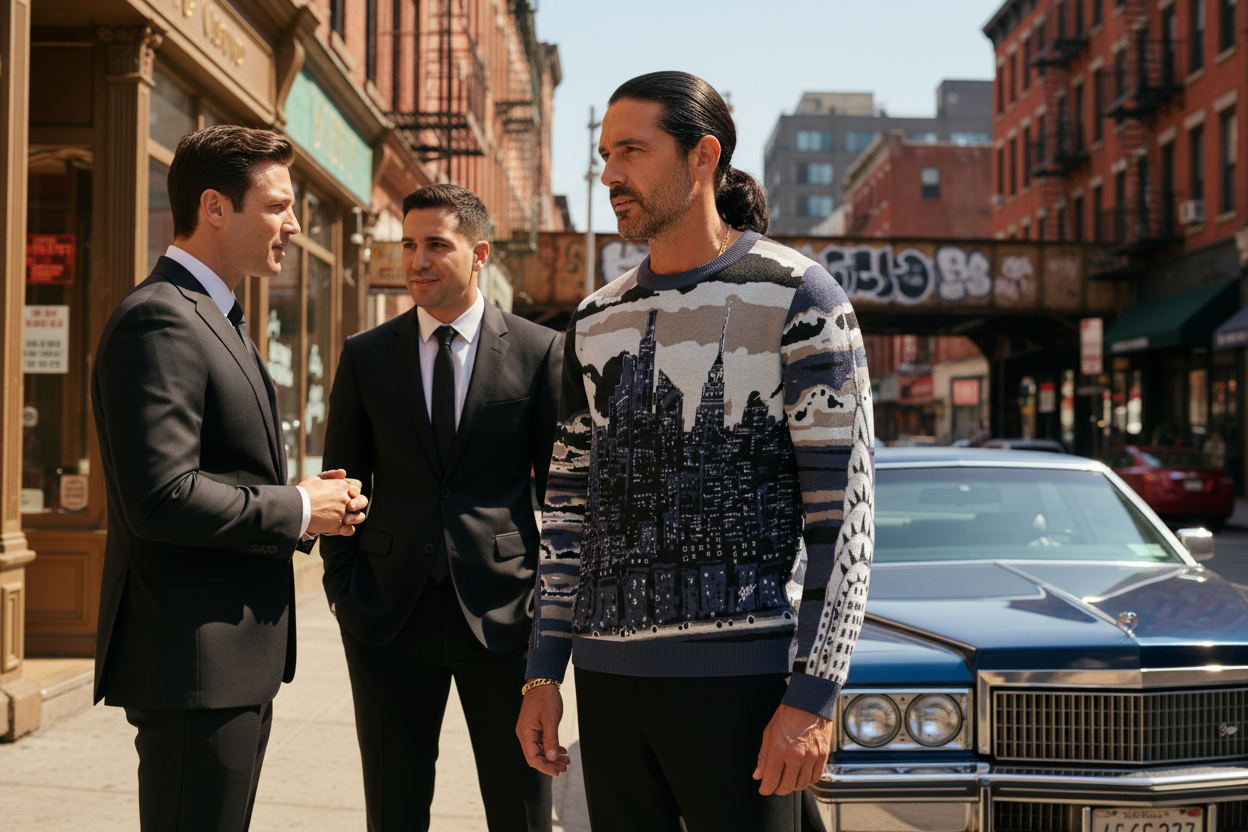 Man wearing a Loria NYC Art sweater on a city street with a car in the background