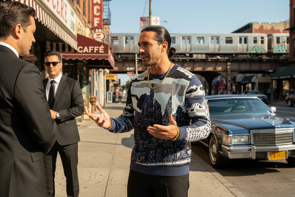 Man wearing Loria NYC Art sweater talking to two men in suits on a city street with a vintage car and subway in the background.