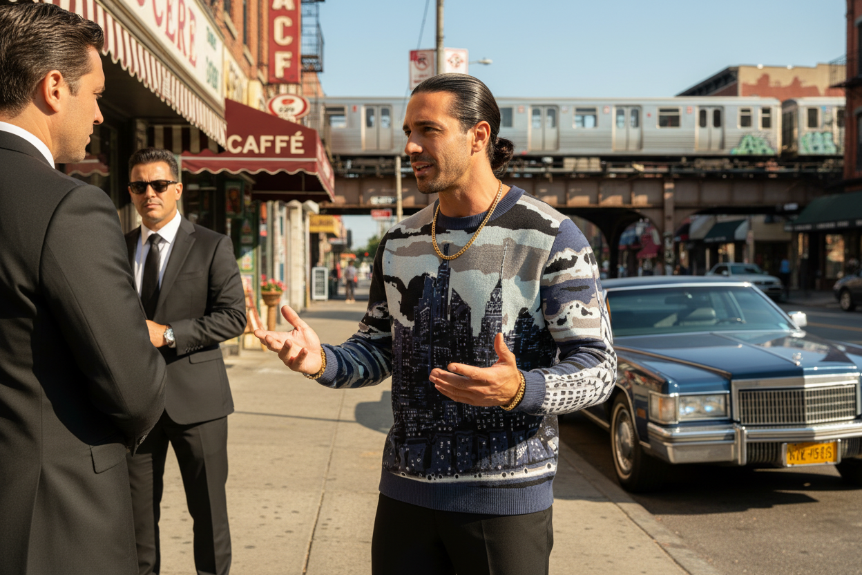 Man wearing Loria NYC Art sweater talking to two men in suits on a city street with a vintage car and subway in the background.