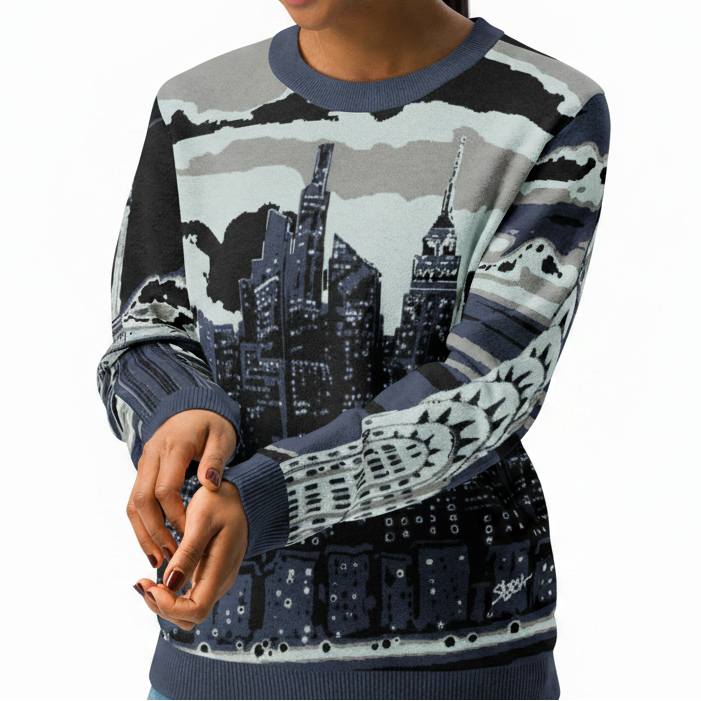 Woman wearing a Loria NYC Art sweater with a cityscape design on a white background