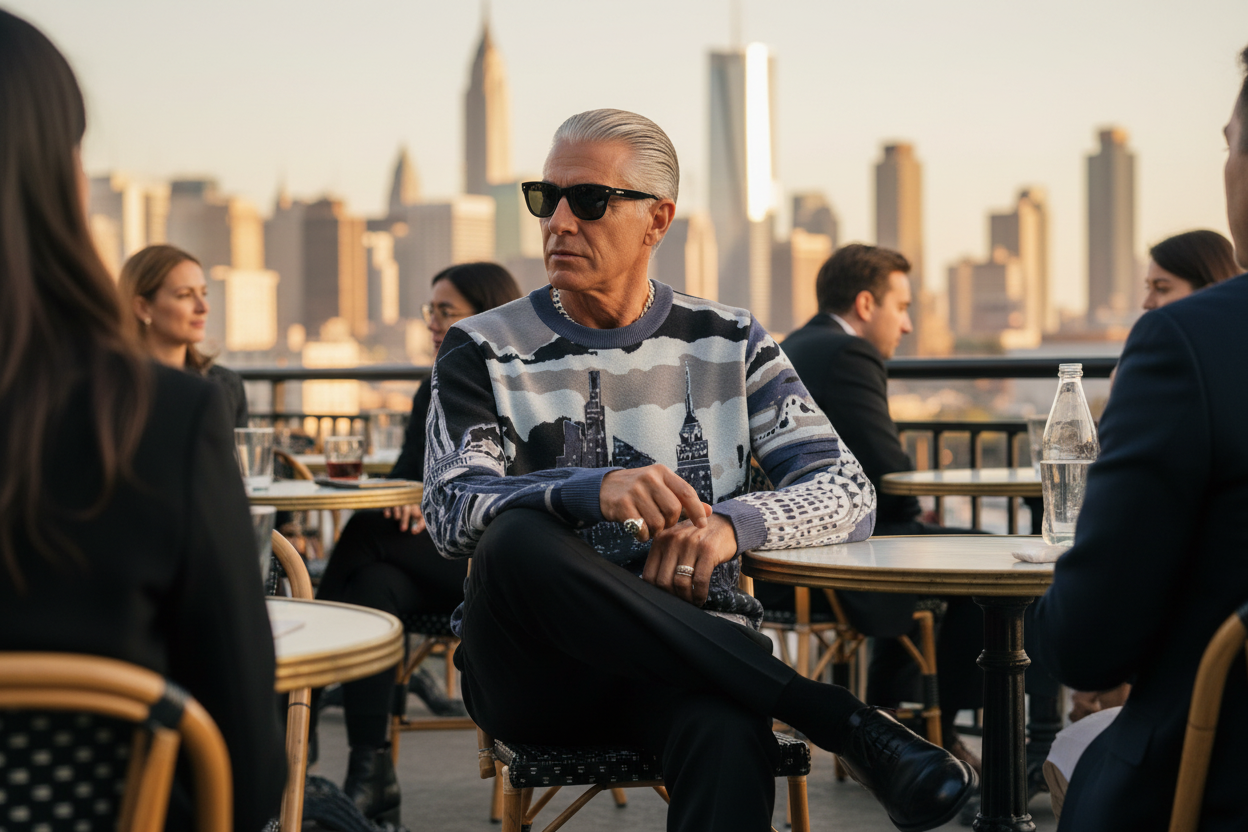 Man sitting at a rooftop cafe wearing a  Loria NYC Art city skyline sweater.