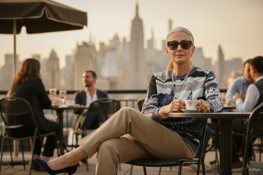 Woman sitting at a rooftop cafe wearing a Loria NYC Art city skyline sweater.