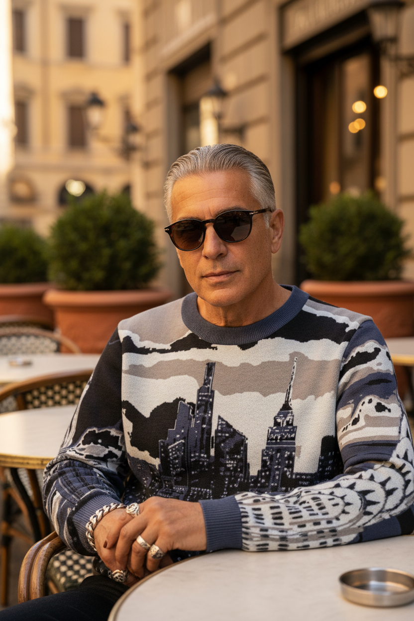 Man wearing a Loria NYC Art sweater sitting at an outdoor cafe table.