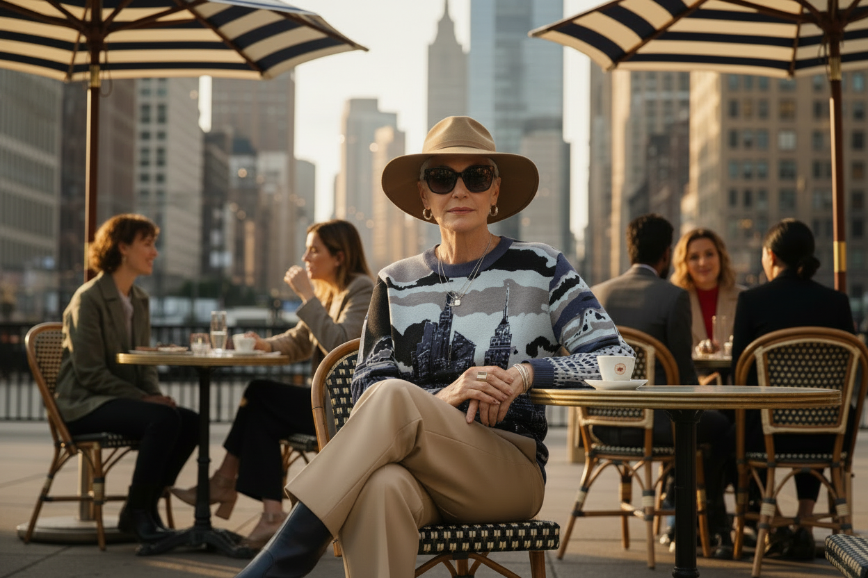 Woman sitting at an outdoor cafe with a Loria NYC Art sweater and city skyline in the background