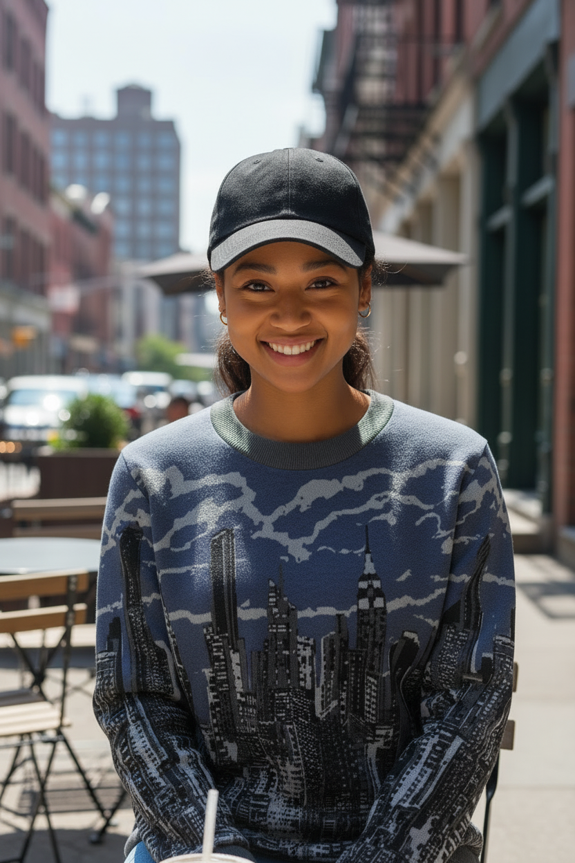 Woman wearing a sweater with a cityscape Loria NYC Art design on a white background