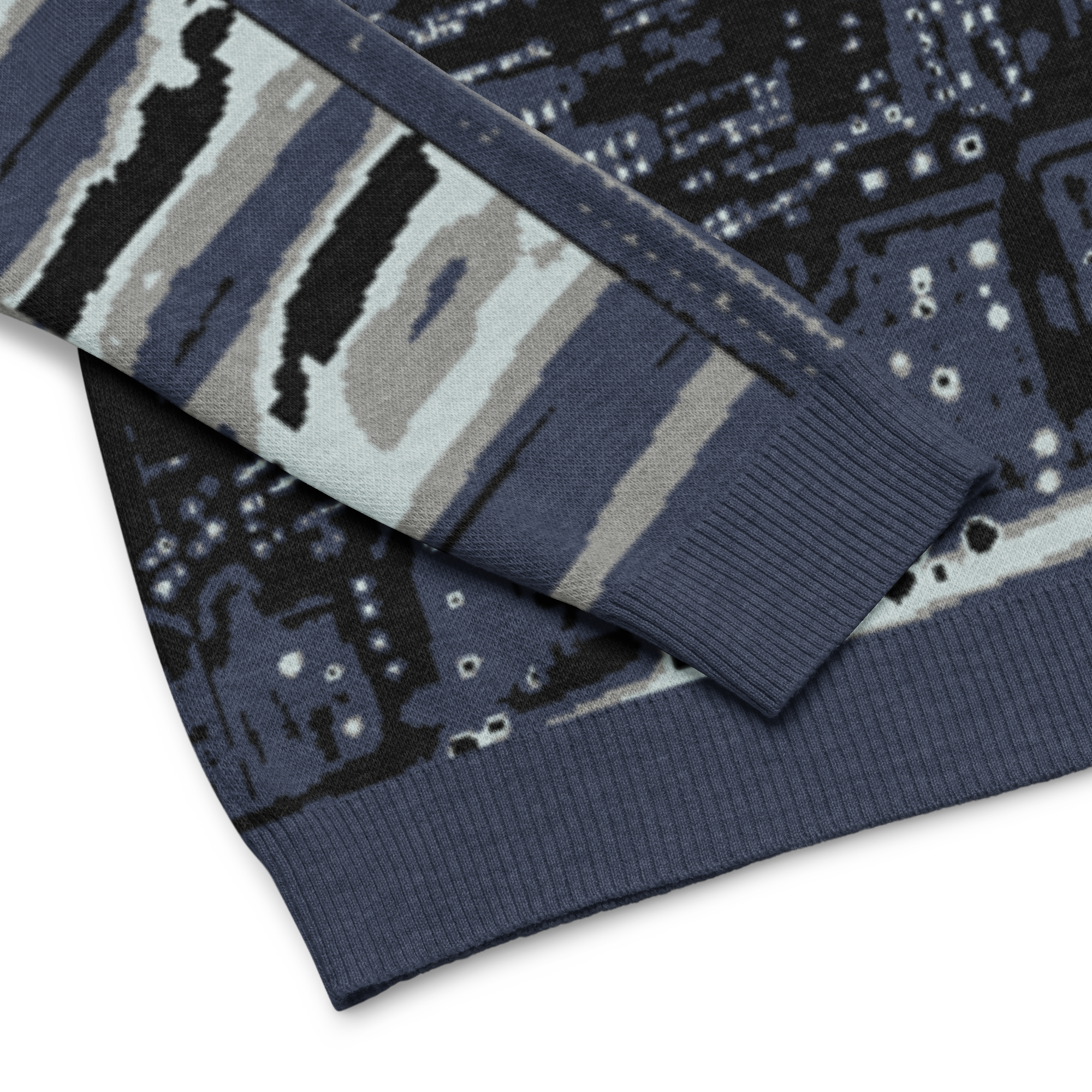 Close-up of a patterned fabric with a cityscape Loria NYC Art design on a white background