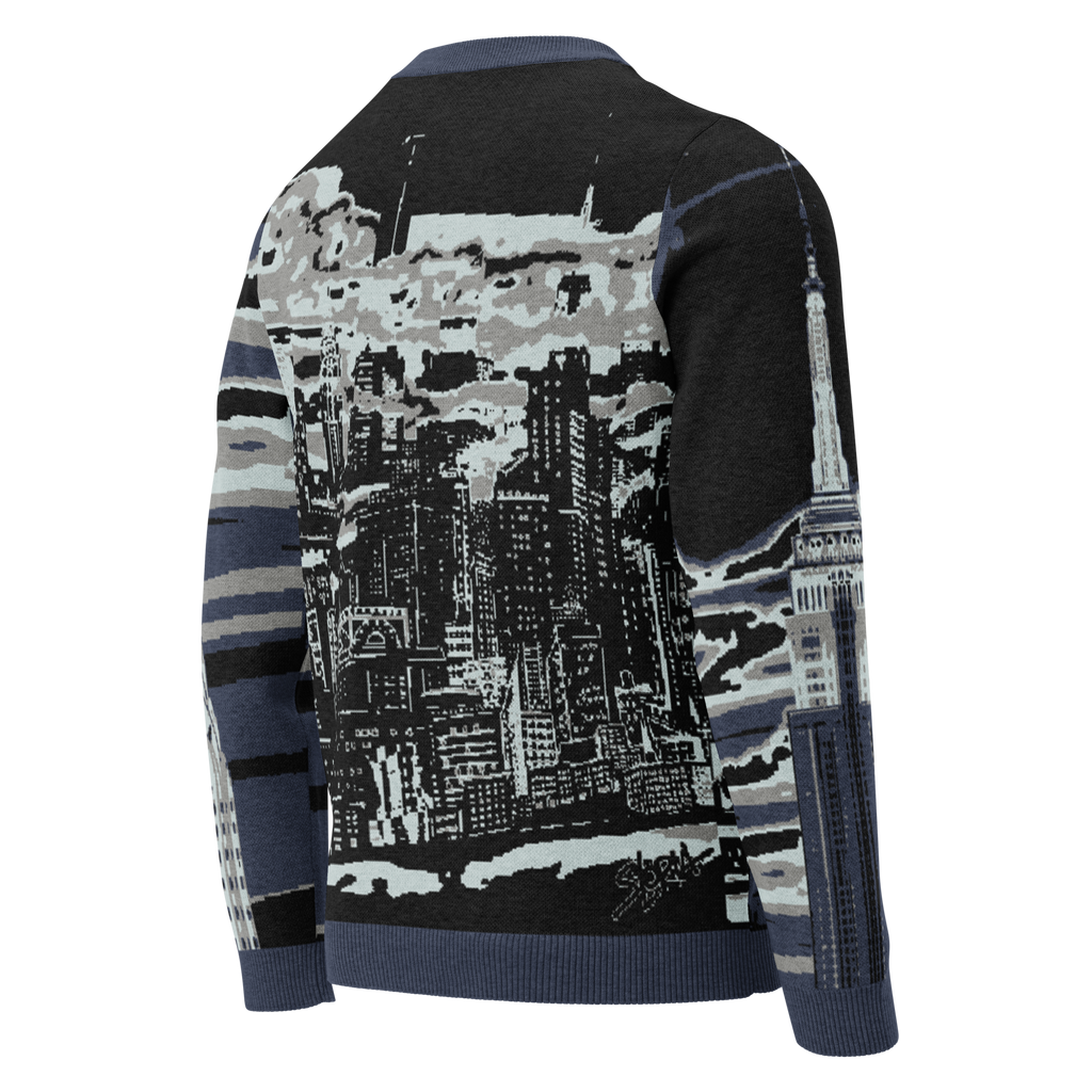 Sweater with Loria NYC Art cityscape design on a white background