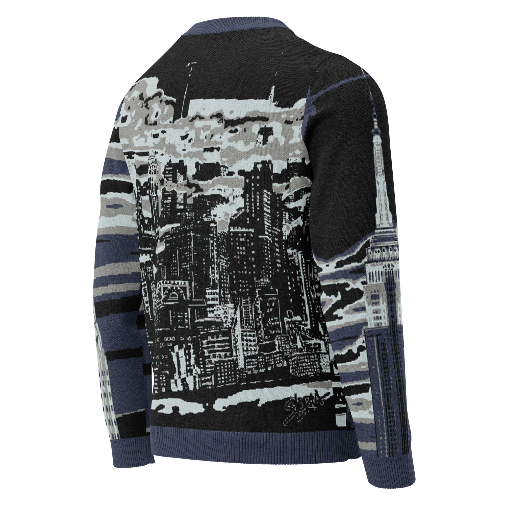 Sweater with Loria NYC Art cityscape design on a white background