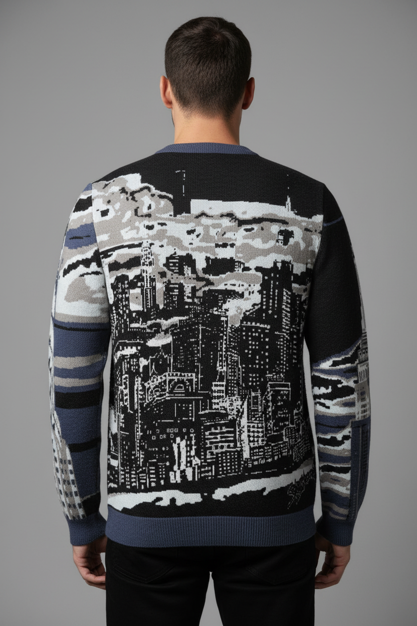 Man wearing a sweater with a Loria NYC Art cityscape design on a gray background