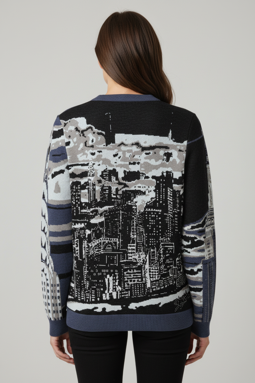 Person wearing a sweater with a Loria NYC Art cityscape design on a plain background