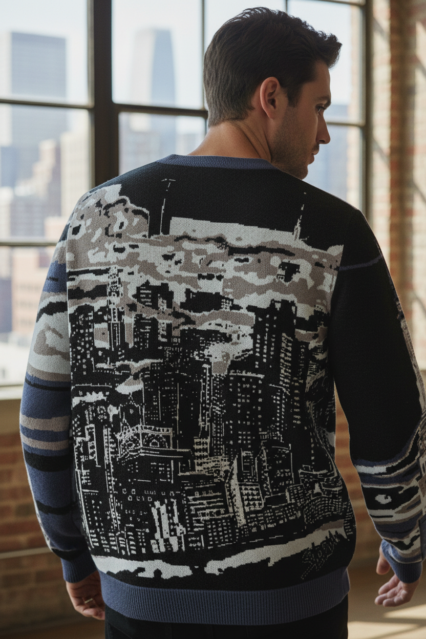 Man wearing a sweater with a cityscape Loria NYC Art design, standing in a room with large windows.