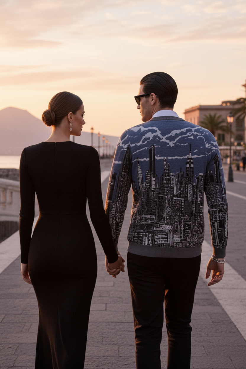 Man wearing a blue Loria NYC Art sweater  walking along a waterfront promenade at sunset.