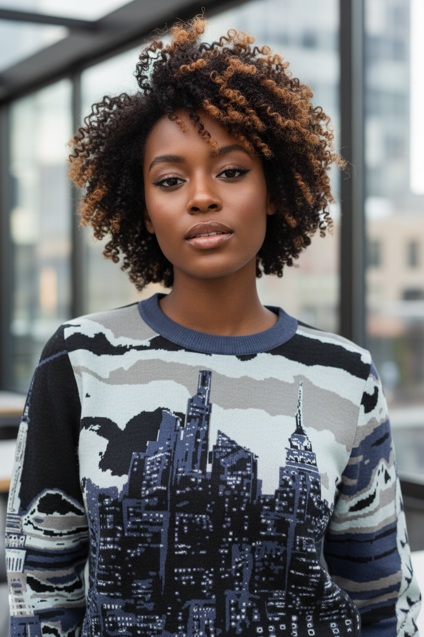 Woman wearing a sweater with a Loria NYC Art cityscape design in an indoor setting