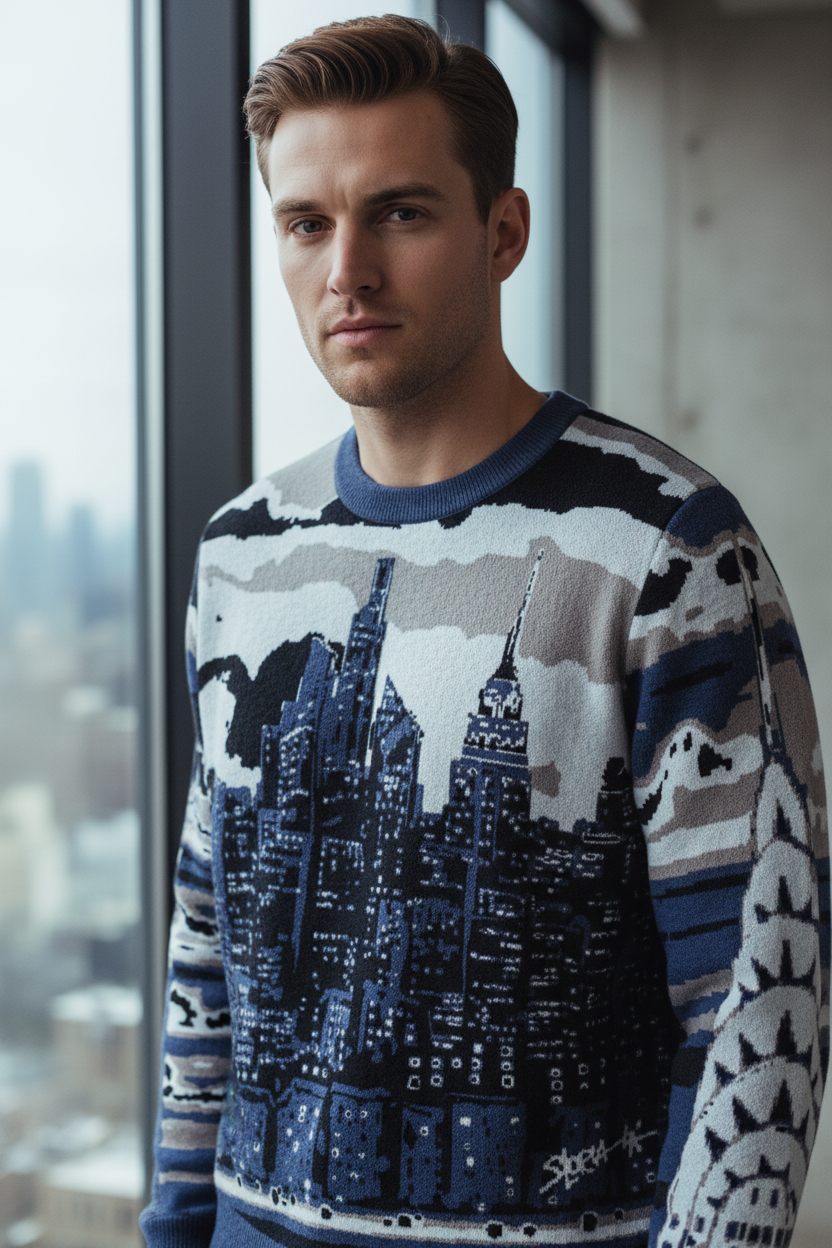 Man wearing a sweater with a cityscape Loria NYC Art design, standing in front of a window with a city view.