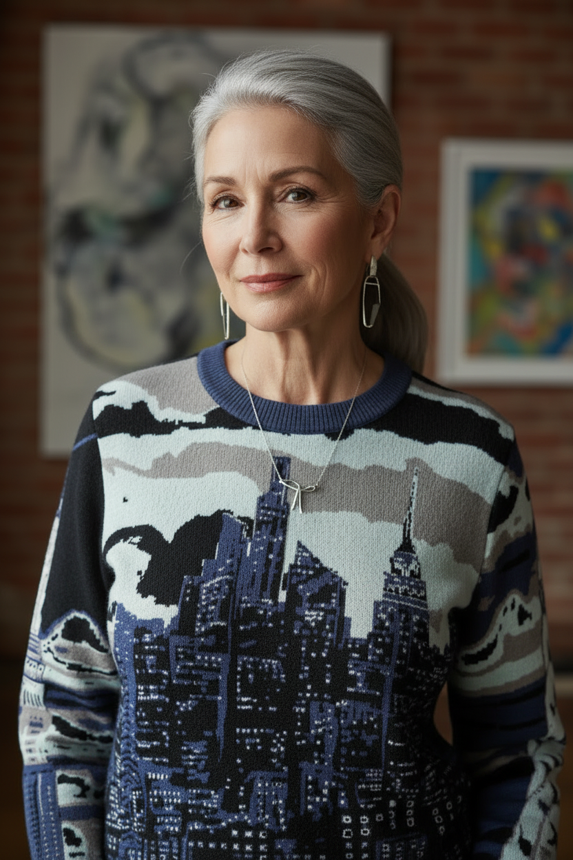 Woman wearing a sweater with a cityscape Loria NYC Art design in an indoor setting.