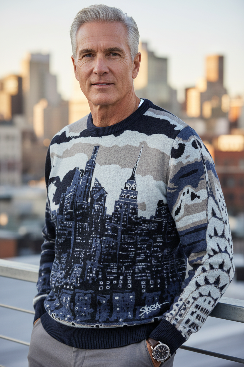 Man wearing a Loria NYC Art sweater with cityscape design, standing in an urban setting.