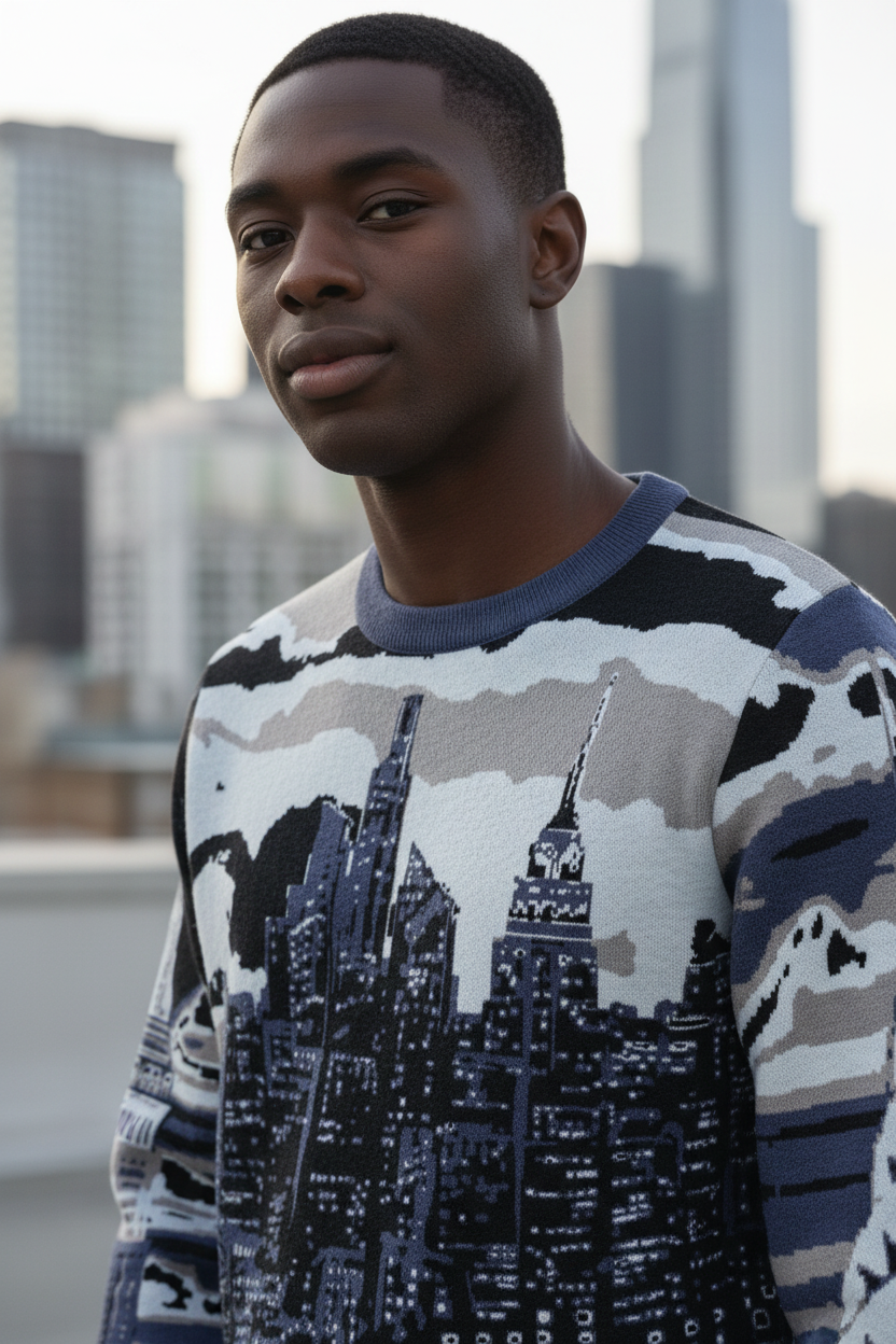 Man wearing a sweater with a Loria NYC Art cityscape design against a blurred urban background