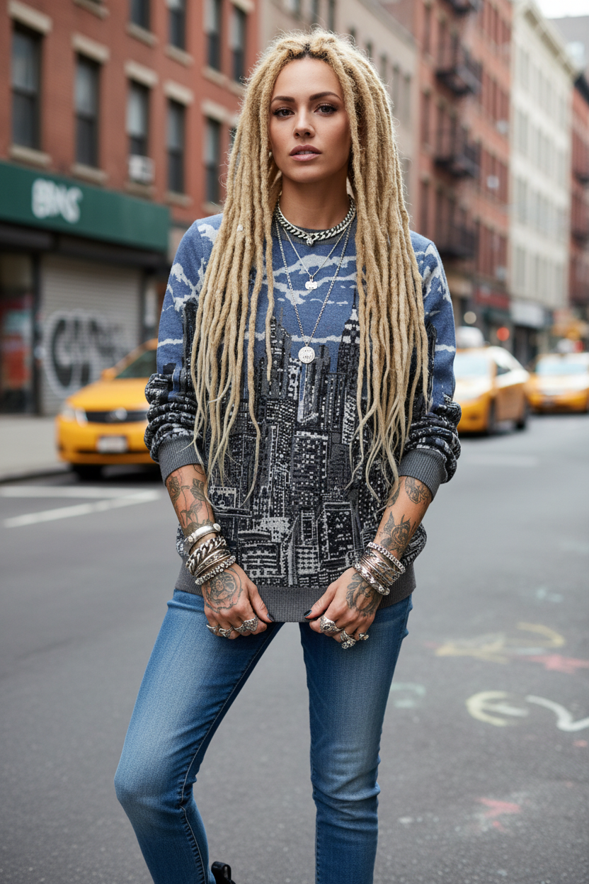Person wearing a  Loria NYC Art sweater with long blonde braids standing on a city street with taxis in the background