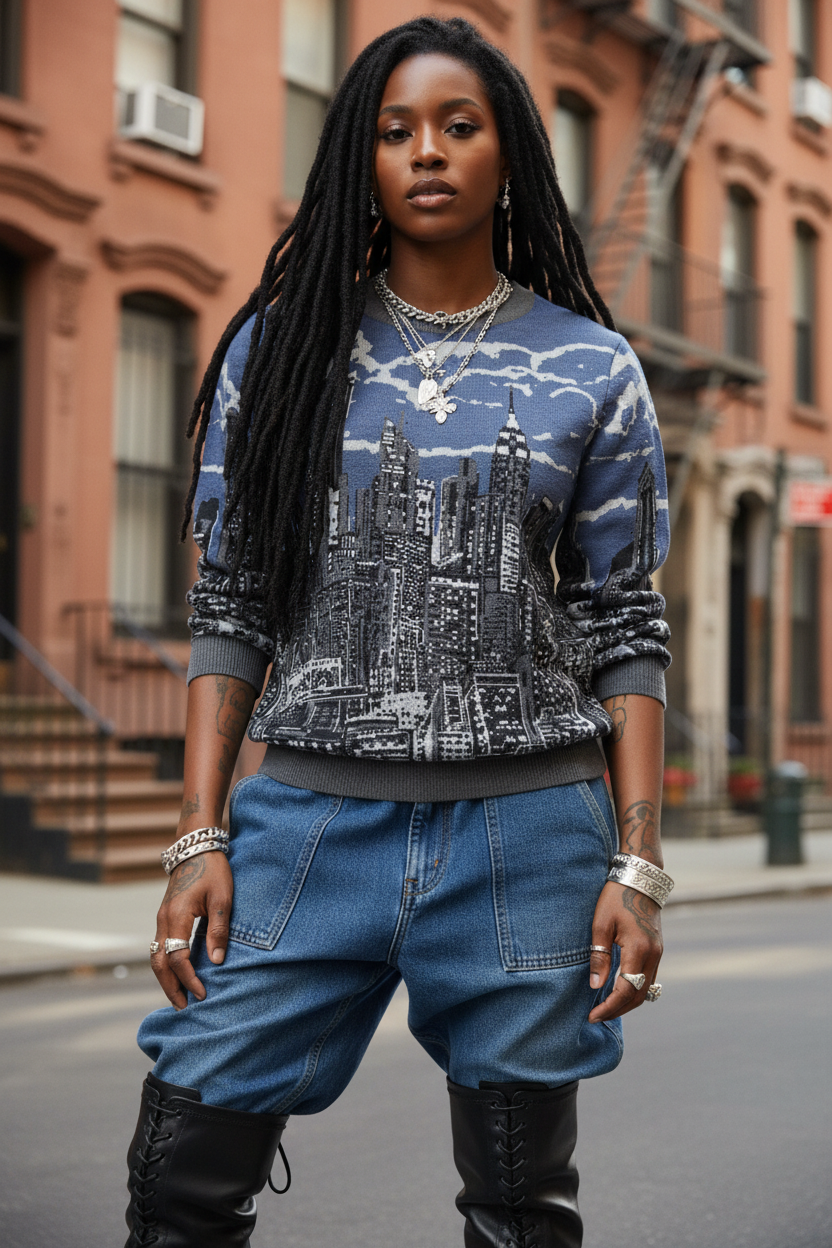 Person wearing a cityscape Loria NYC Art sweater and blue jeans on a street.