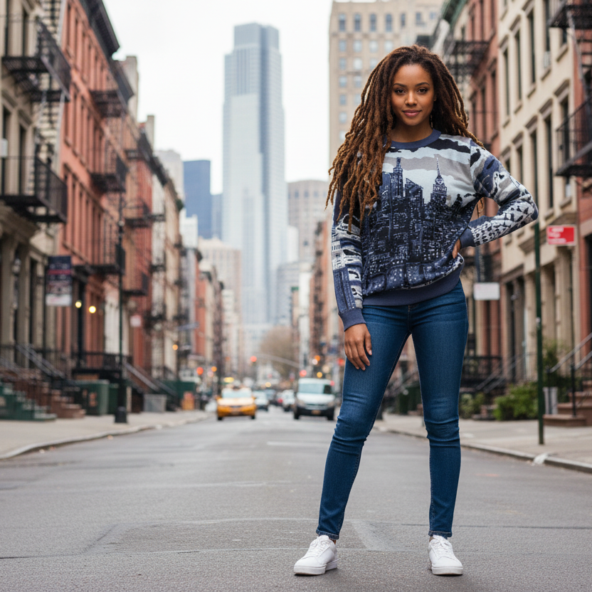 Woman standing on a city street wearing a Loria NYC Art sweater and blue jeans.