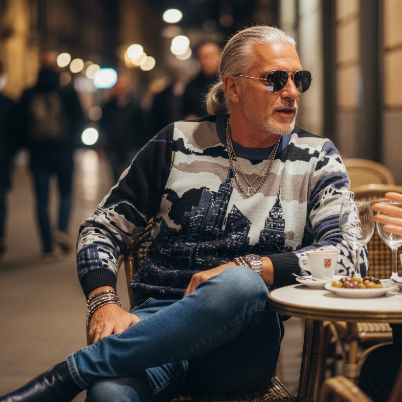 Man wearing a colorful Loria NYC Art sweater sitting at a cafe table with a woman, engaged in conversation, with a blurred street scene in the background.