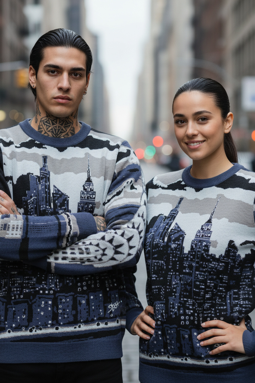 Two people posing in matching Loria NYC Art sweaters in an urban setting 