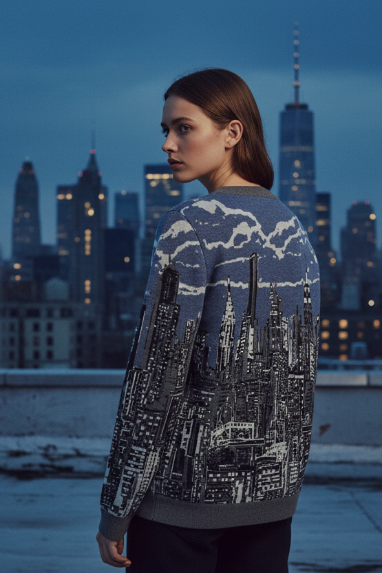 Woman wearing a sweater with cityscape Loria NYC Art on a rooftop at night.