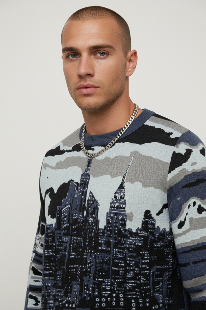 Man wearing a Loria NYC Art sweater with cityscape design on a plain background