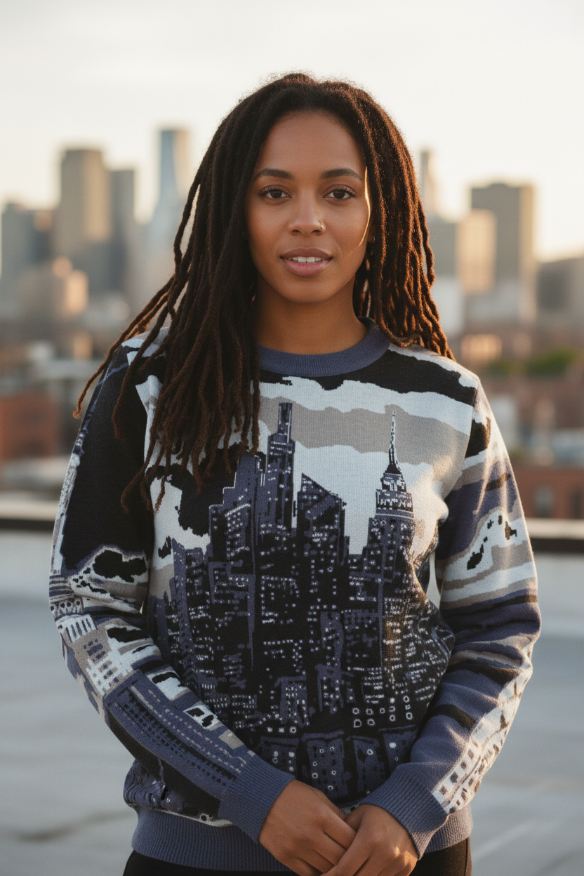 Person wearing a sweater with a cityscape Loria NYC Art design, standing in front of a city skyline.