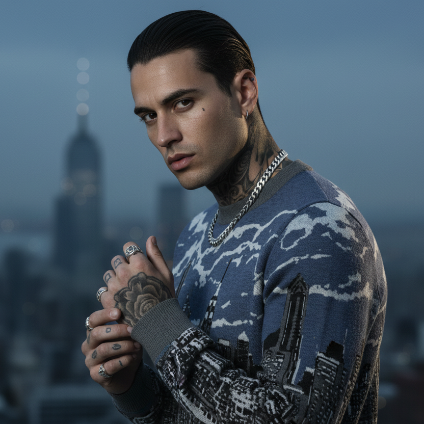 Man wearing a patterned Loria NYC Art sweater with a cityscape in the background