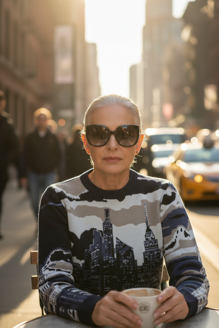 Woman wearing sunglasses and a Loria NYC Art sweater sitting on a city street.