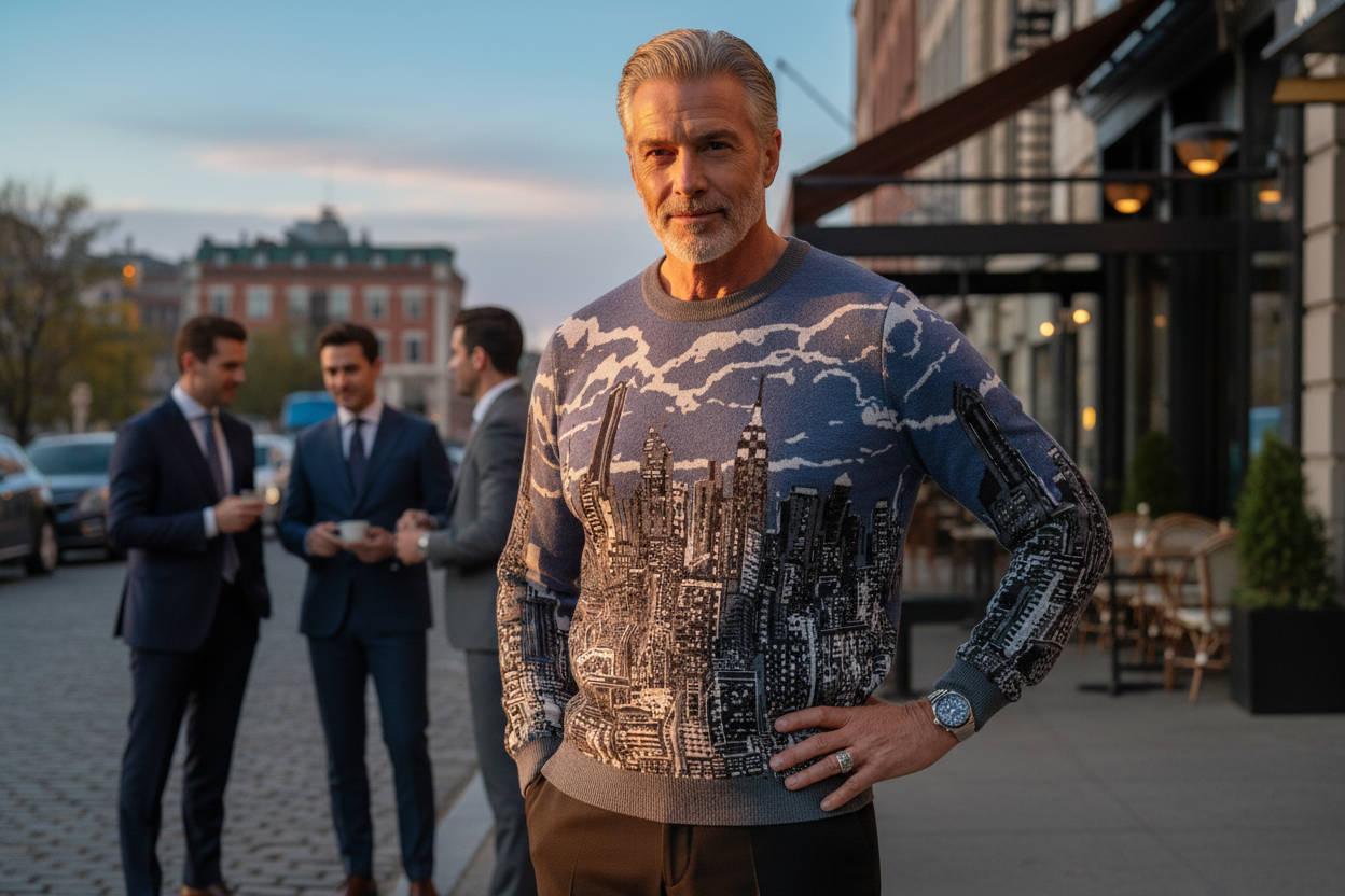 Person wearing a Loria NYC Art skyline sweater in an urban setting.