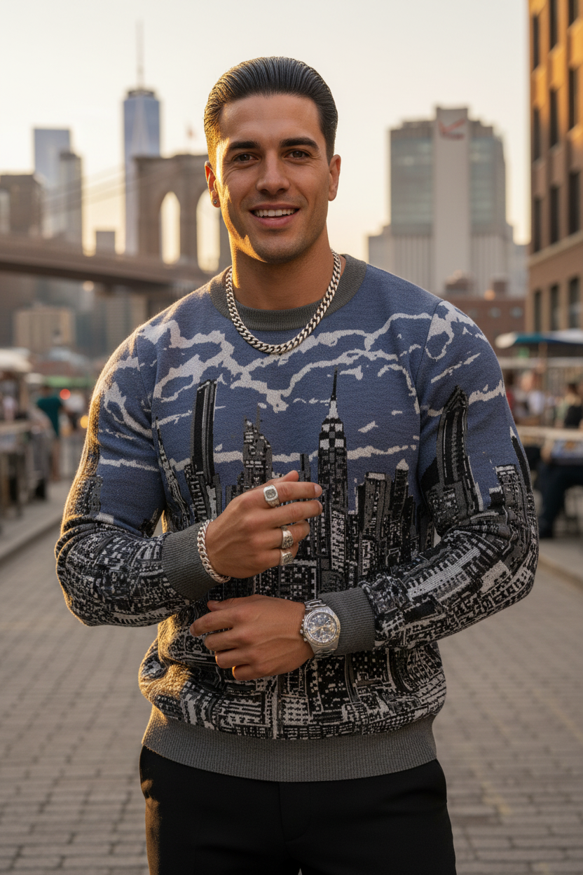 Man wearing a Loria NYC Art sweater with cityscape design, standing in an urban setting.