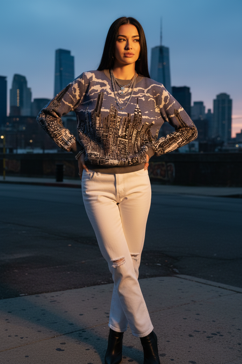 Female posing in an urban setting wearing a Loria NYC Art sweater.