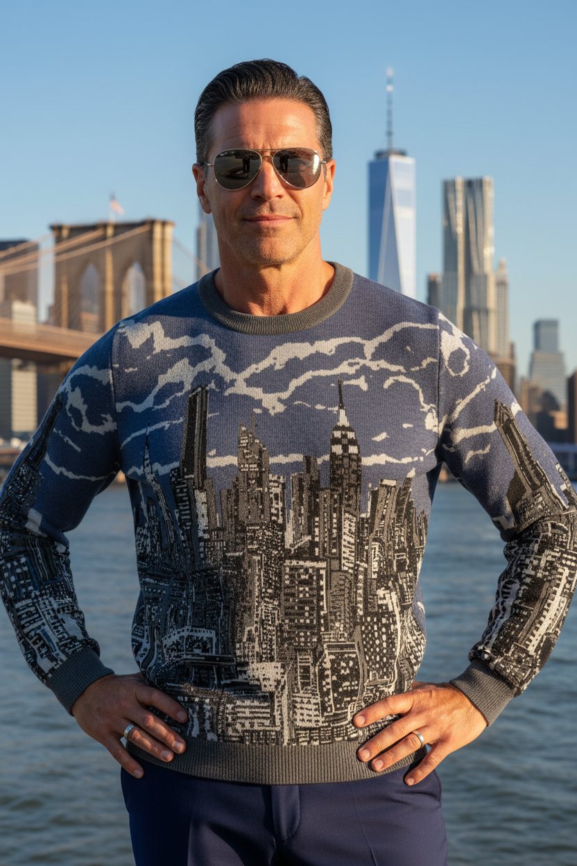 Man wearing a sweater with a cityscape Loria NYC Art design in front of a waterfront with a bridge and skyline