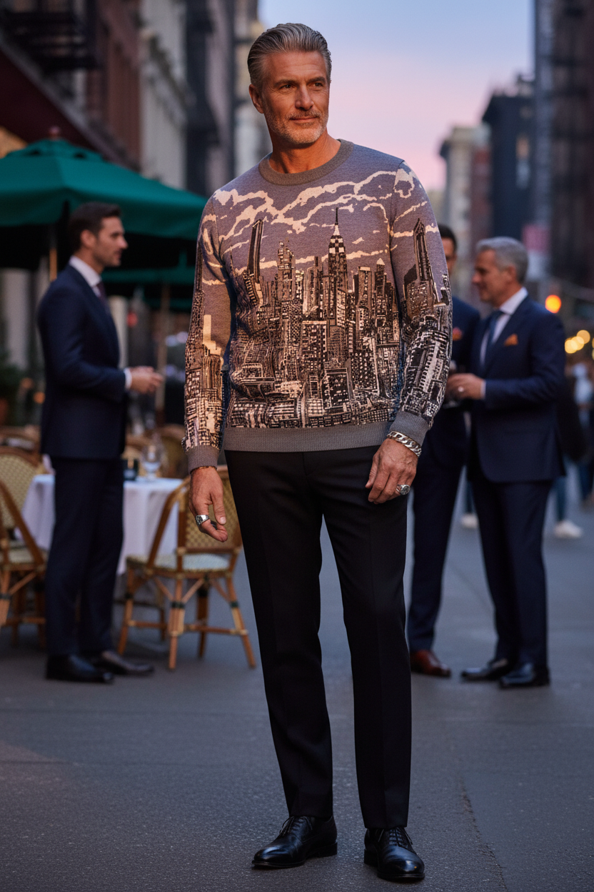 Man wearing black pants and a Loria NYC Art sweater in an urban setting.