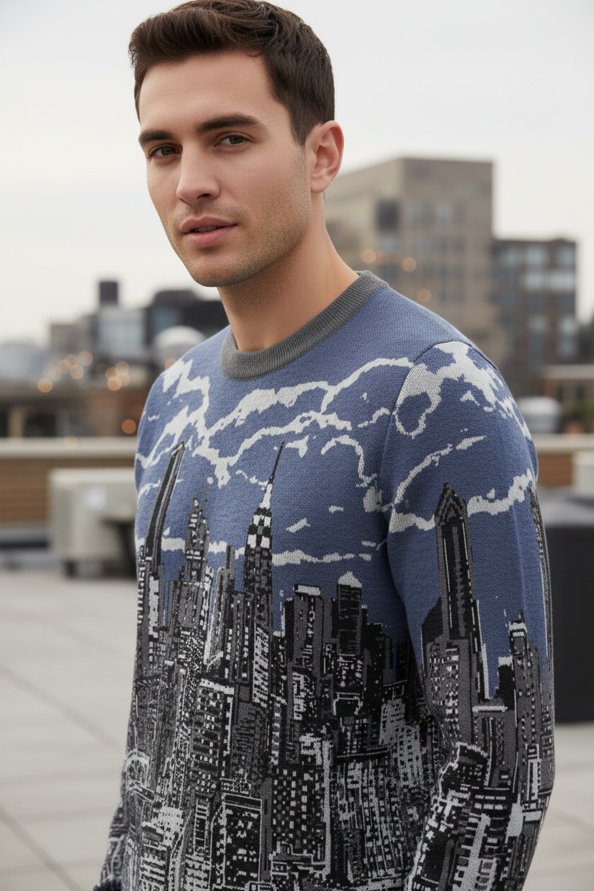 Man wearing a sweater with a Lori NYC Art cityscape design on a rooftop.