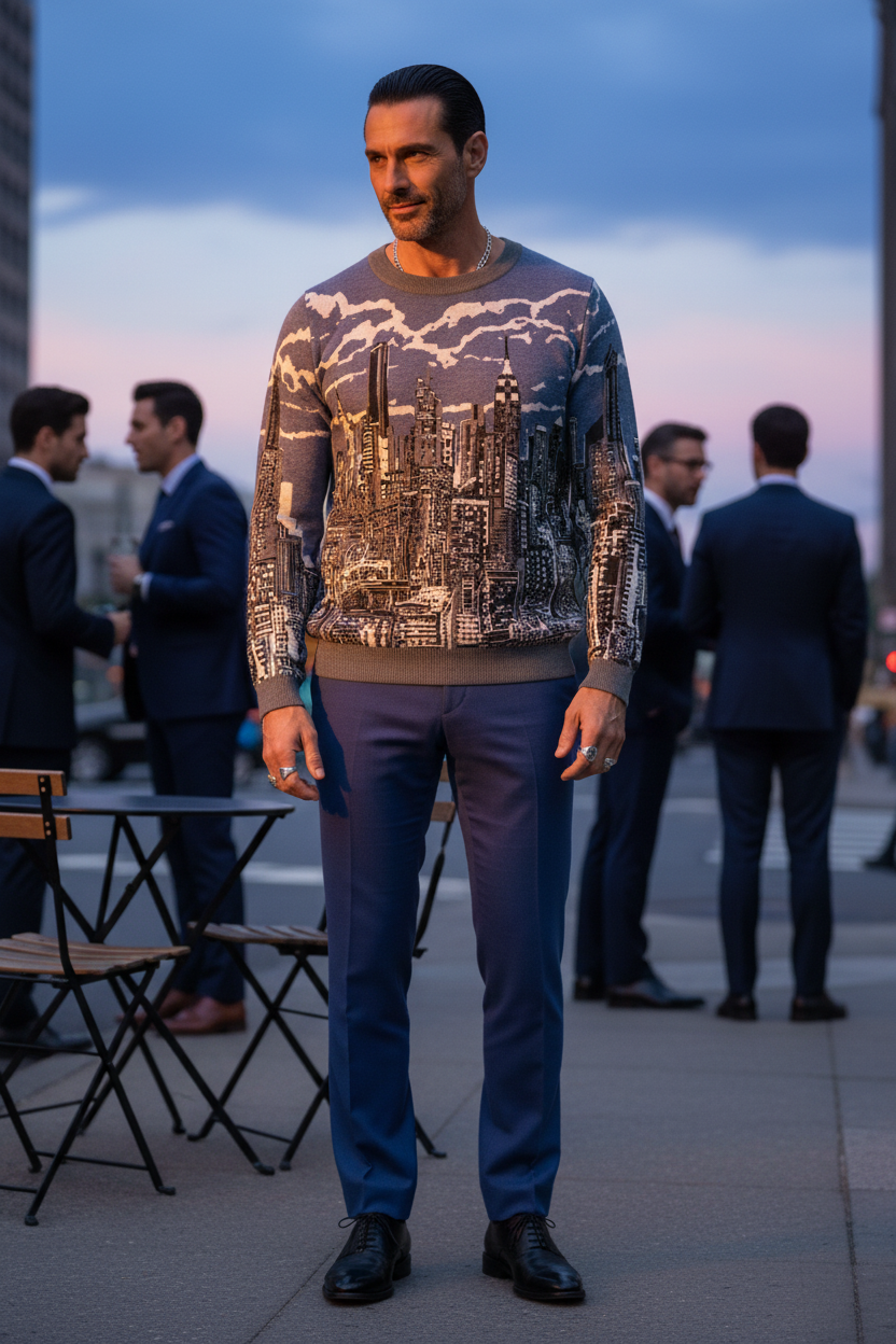 Man posing in blue pants and a Loria NYC Art sweater in an urban setting.