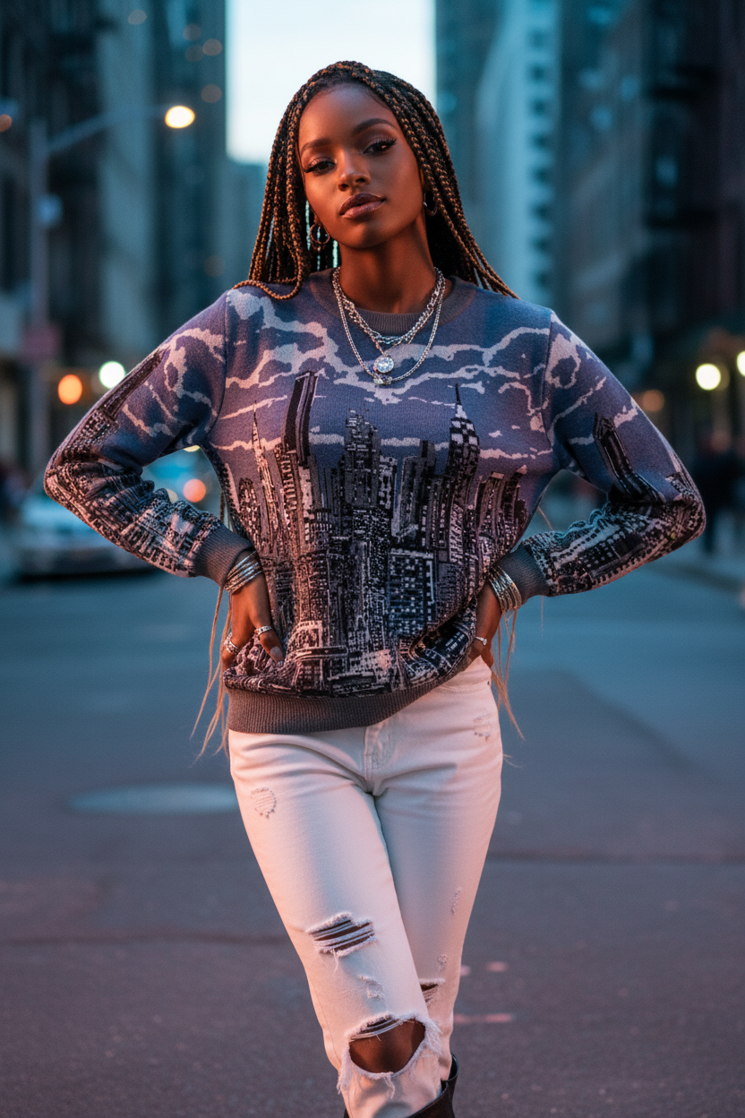 Female with white pants posing in a Loria NYC Art sweater in an urban setting.