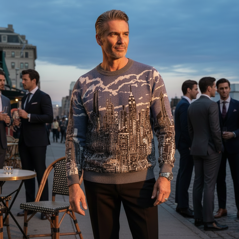 Man wearing black pants and a Loria NYC Art skyline sweater in an urban setting.