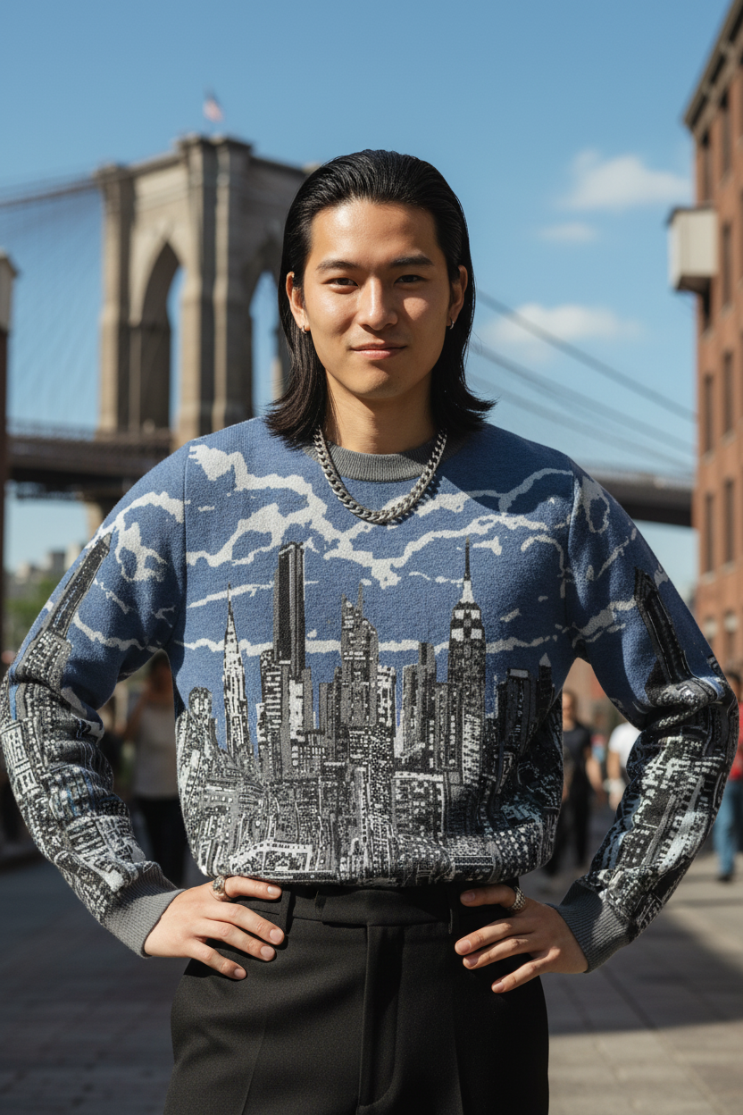 Person wearing a sweater with a cityscape Loria NYC Art design in front of the Brooklyn Bridge.