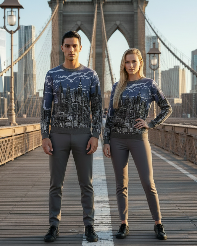 Two people wearing matching Loria NYC Art sweaters on a bridge with a city skyline in the background