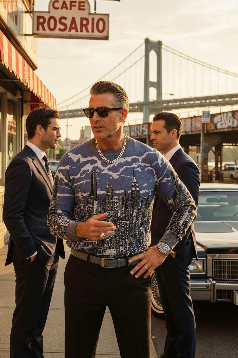 Man in a Loria NYC Art sweater standing on a street with 'Cafe Rosario' sign and bridge in background