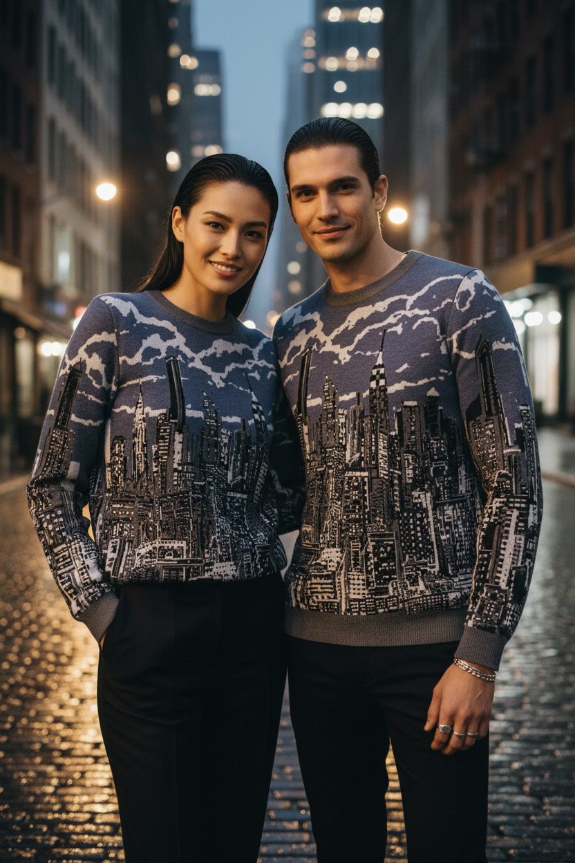 Two people wearing matching Loria NYC Art cityscape sweaters on a city street at night.