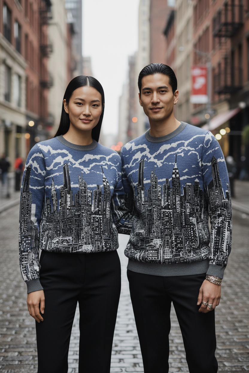 Two people wearing matching blue sweaters with Loria NYC Art cityscape design on a city street.