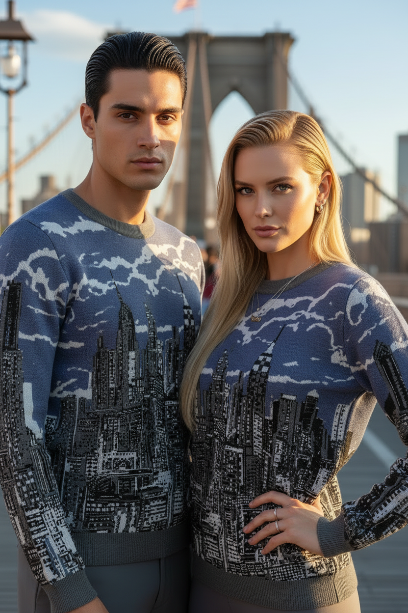 Two people wearing blue sweaters with city skyline Loria NYC Art design in front of a bridge.