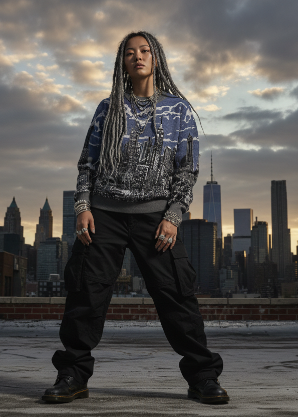 Person wearing a patterned Loria NYC Art sweater with a city skyline in the background