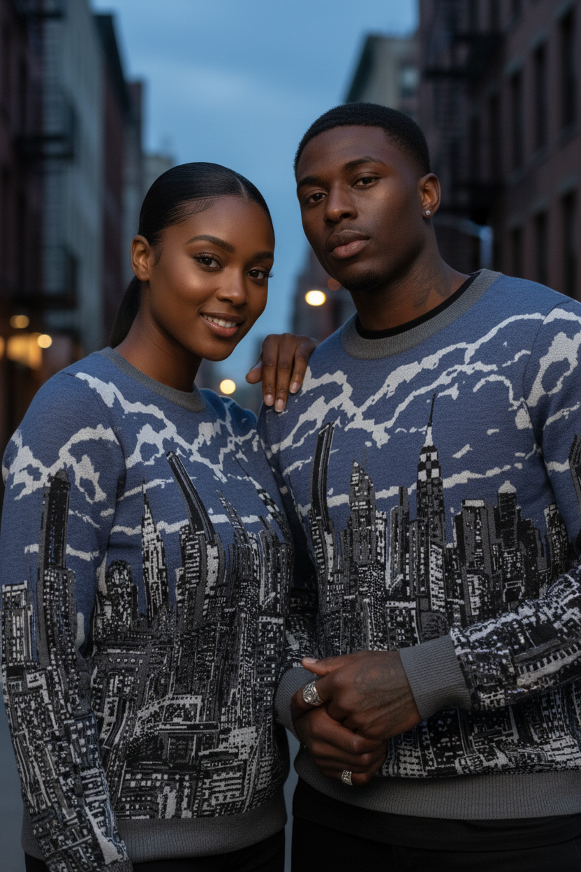 Two people wearing matching Loria NYC Art sweaters with a cityscape design on a street at night.
